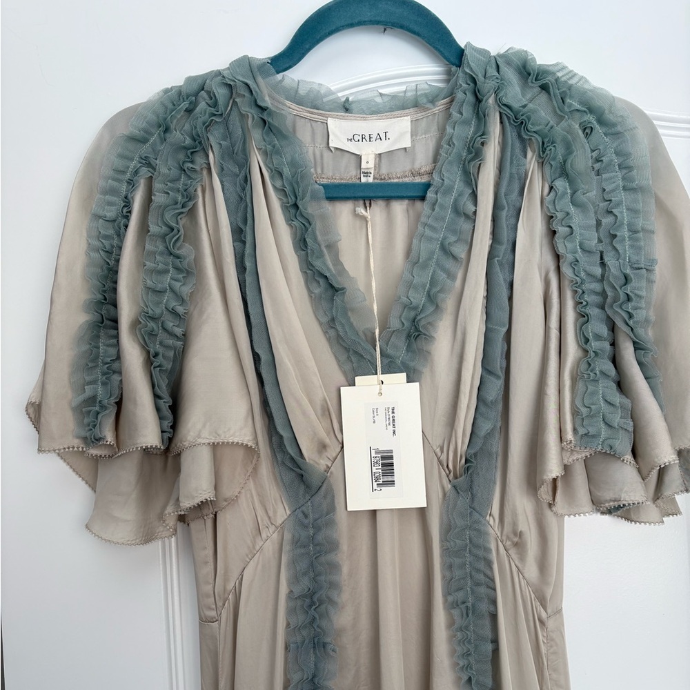 THE GREAT. Cream and Blue Ruffled Dancehall dress - Picture 2 of 10